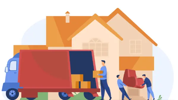 Illustration of Packers and Movers in Chandigarh Loading Furniture on Moving truck in front of house